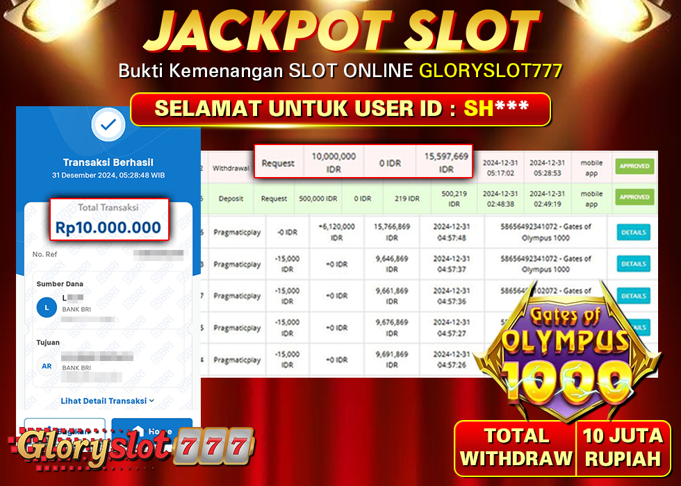 GLORYSLOT777 JACKPOT SLOT GATE OF OLYMPUS 1000 Rp 10.000.000,- LUNAS