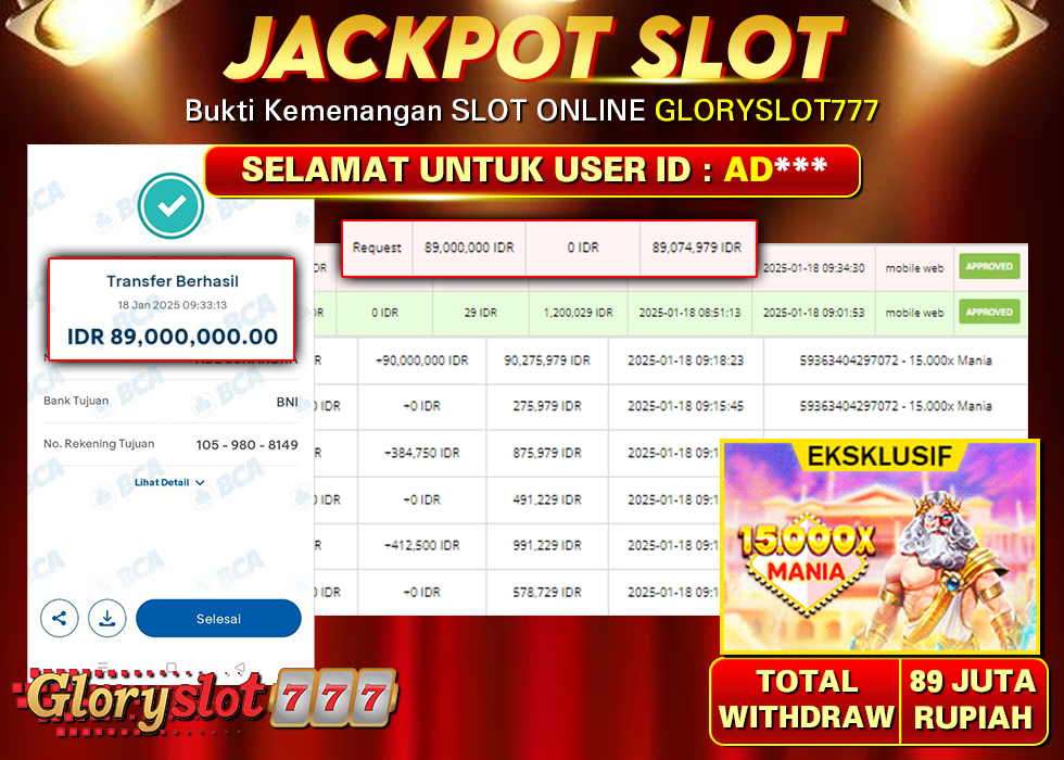 GLORYSLOT777 JACKPOT SLOT GATE OF OLYMPUS 15000X MANIA Rp 89.000.000,- LUNAS