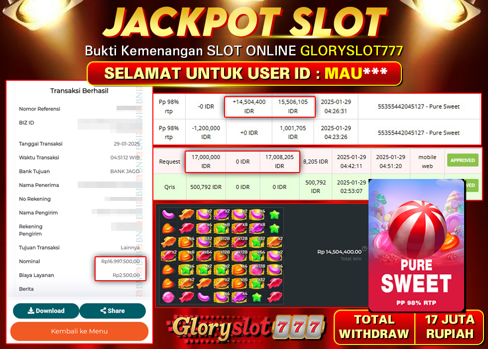 GLORYSLOT777 JACKPOT SLOT PURE SWEET Rp 17.000.000,- LUNAS