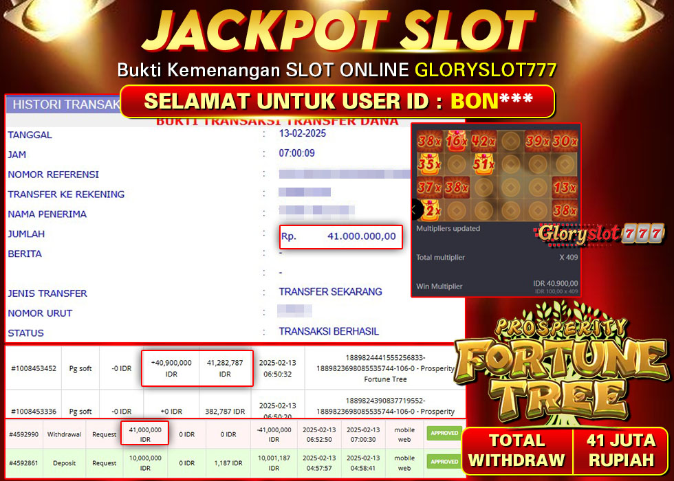 GLORYSLOT777 JACKPOT SLOT PROSPERITY FORTUNE TREE Rp 41.000.000,- LUNAS