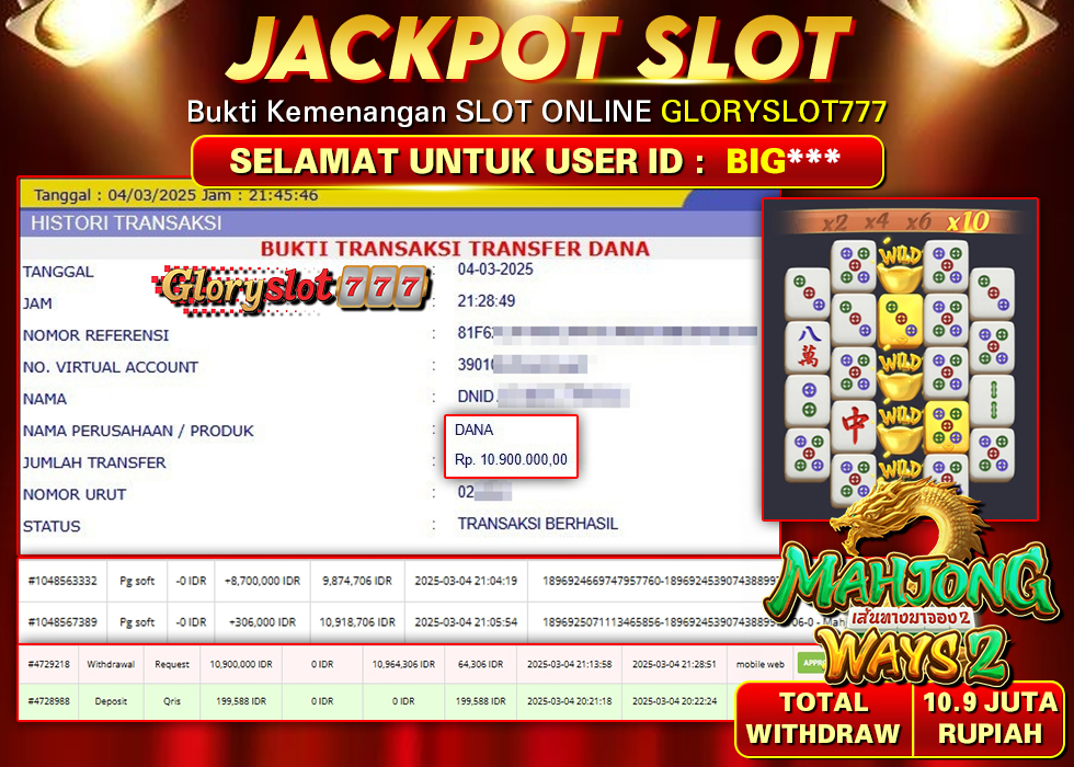 GLORYSLOT777 JACKPOT SLOT MAHJONG WAYS 2 Rp 10.900.000,- LUNAS
