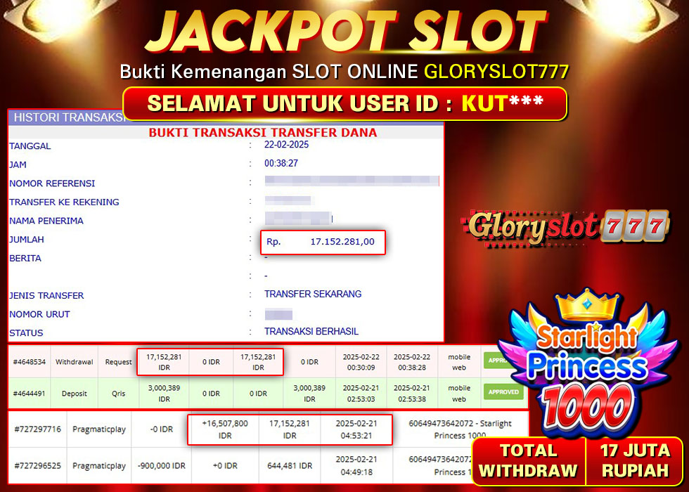 GLORYSLOT777 JACKPOT SLOT STARLIGHT PRINCESS 1000 Rp 17.152.281,- LUNAS