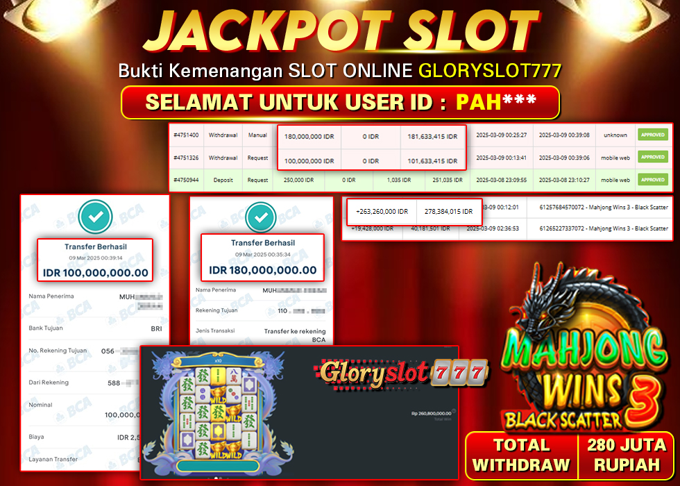 GLORYSLOT777 JACKPOT SLOT MAHJONG WINS 3 BLACK SCATTER Rp 280.000.000,- LUNAS