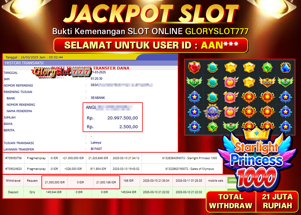 GLORYSLOT777 JACKPOT SLOT STARLIGHT PRINCESS 1000 Rp 21.000.000,- LUNAS