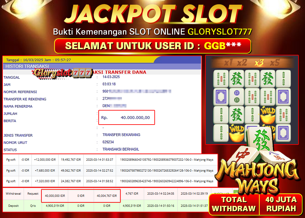 GLORYSLOT777 JACKPOT SLOT MAHJONG WAYS Rp 40.000.000,- LUNAS