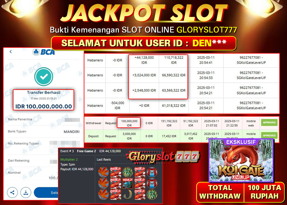 GLORYSLOT777 JACKPOT SLOT KOI GATE LEVEL UP Rp 100.000.000,- LUNAS