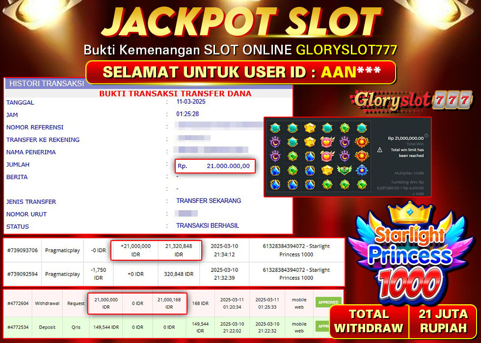 GLORYSLOT777 JACKPOT SLOT STARLIGHT PRINCESS 1000 Rp 21.000.000,- LUNAS