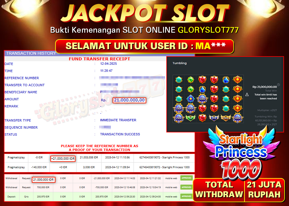 GLORYSLOT777 JACKPOT STARLIGHT PRINCESS 1000 Rp 21.000.000,-  LUNAS