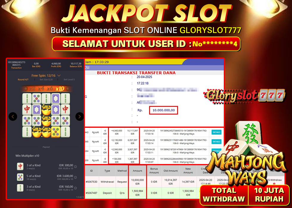 GLORYSLOT777 JACKPOT MAHJONG WAYS Rp 10.000.000,-  LUNAS