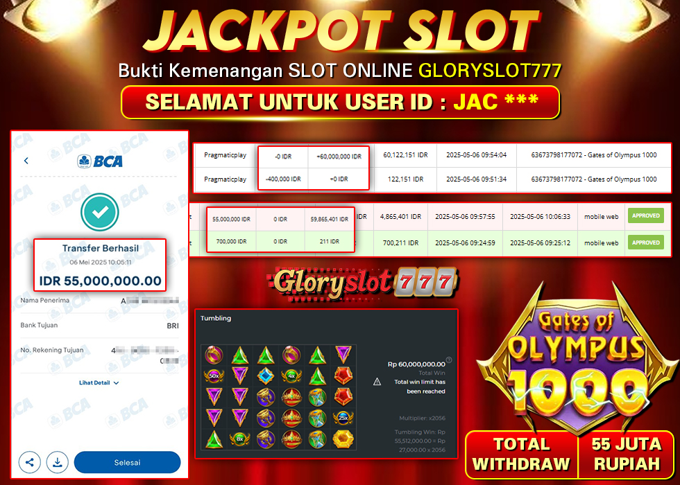 GLORYSLOT777 JACKPOT SLOT GATES OF OLYMPUS 1000 Rp 55.000.000,- LUNAS