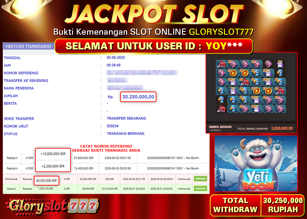 GLORYSLOT777 JACKPOT SLOT YETI BOOM Rp 30.250.000,- LUNAS