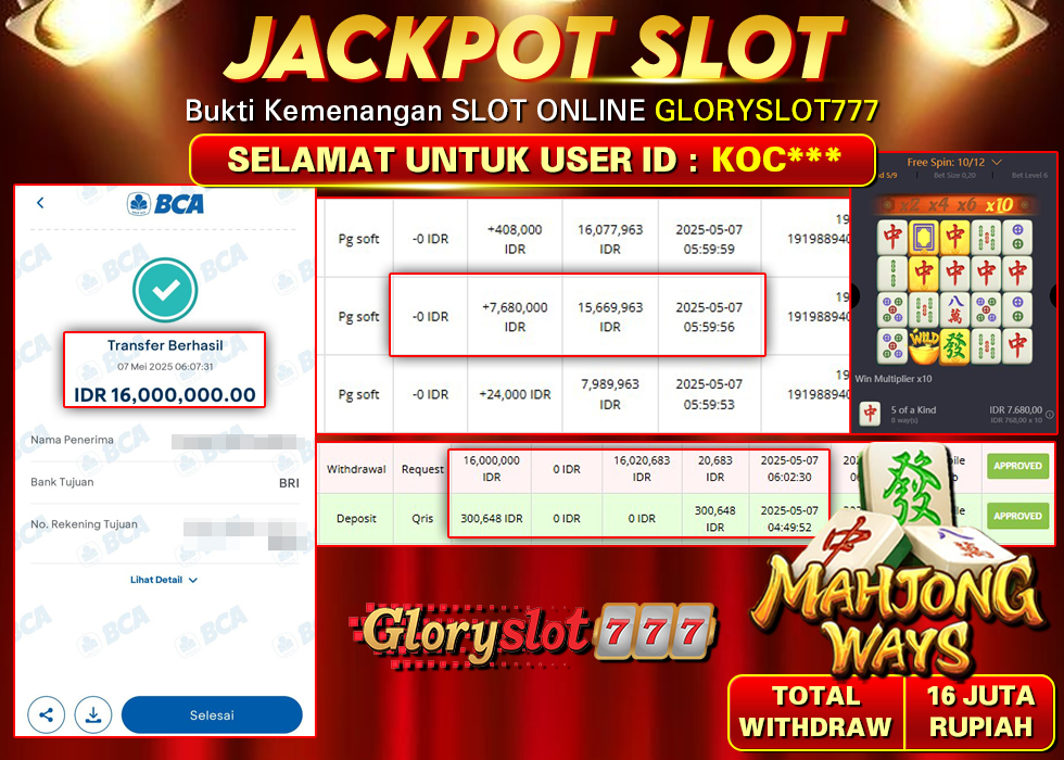 GLORYSLOT777 JACKPOT SLOT MAHJONG WAYS Rp 16.000.000,- LUNAS