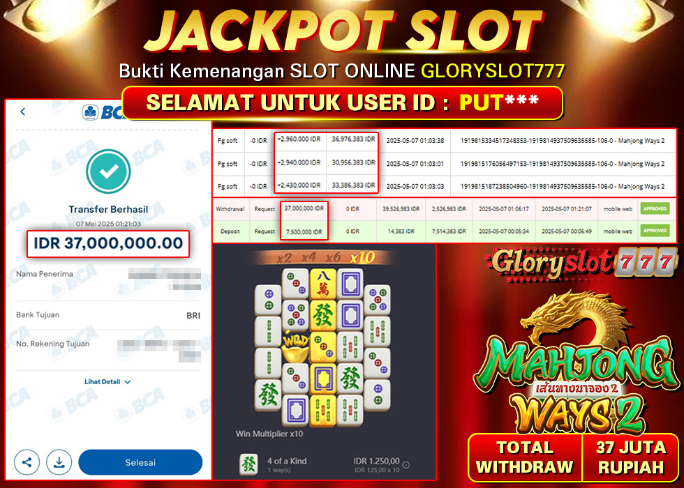 GLORYSLOT777 JACKPOT SLOT MAHJONG WAYS 2 Rp 37.000.000,- LUNAS