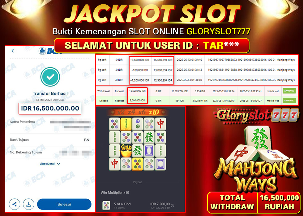 GLORYSLOT777 JACKPOT SLOT MAHJONG WAYS Rp 16.500.000,- LUNAS