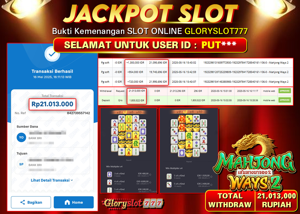 GLORYSLOT777 JACKPOT SLOT MAHJONG WAYS 2 Rp 21.013.000,-  LUNAS