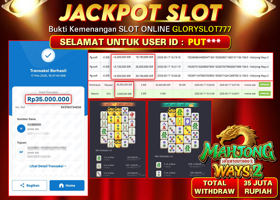 GLORYSLOT777 JACKPOT SLOT MAHJONG WAYS 2 Rp 35.000.000,-  LUNAS