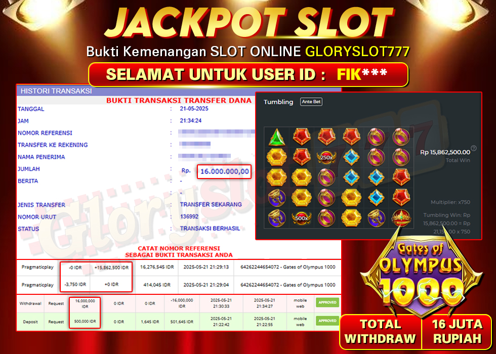 GLORYSLOT777 JACKPOT SLOT GATES OF OLYMPUS 1000 Rp 16.000.000,-  LUNAS