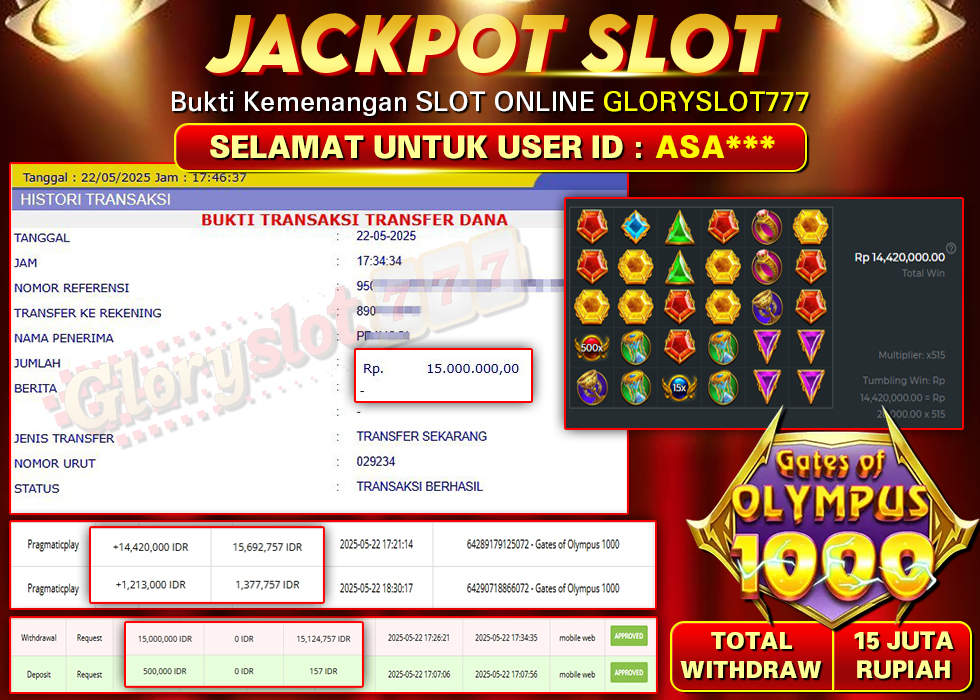 GLORYSLOT777 JACKPOT SLOT GATES OF OLYMPUS 1000 Rp 15.000.000,-  LUNAS