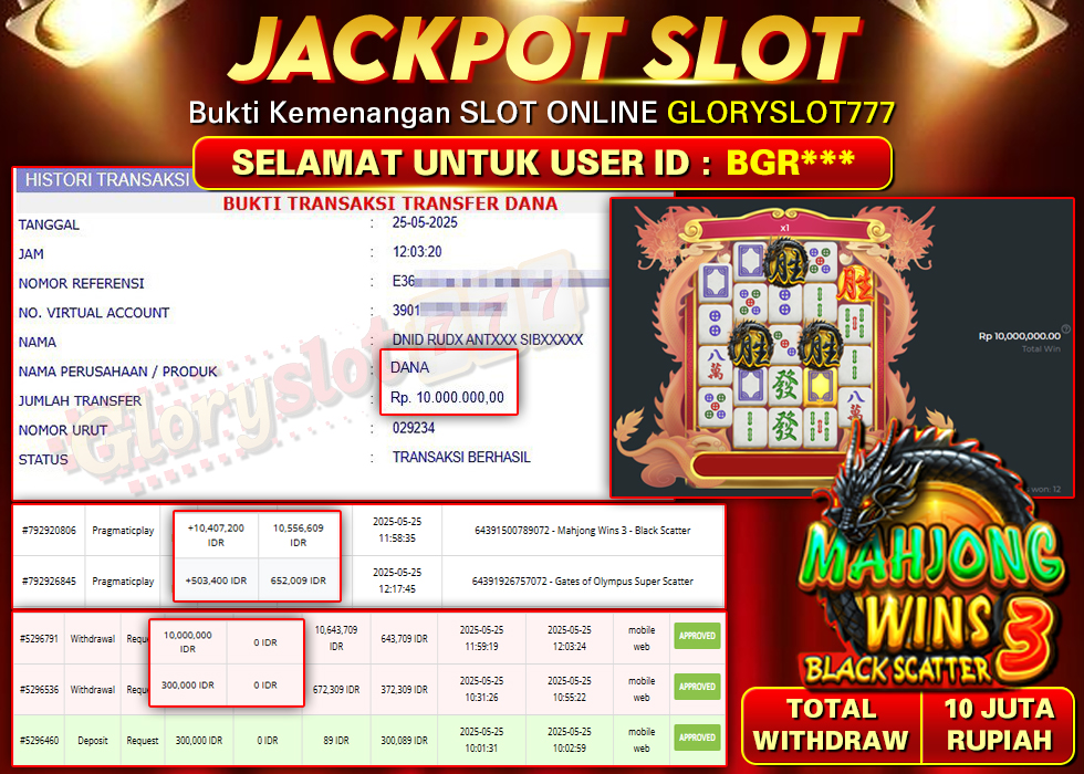 GLORYSLOT777 JACKPOT SLOT MAHJONG WINS 3 BLACK SCATTER Rp 10.000.000,-  LUNAS