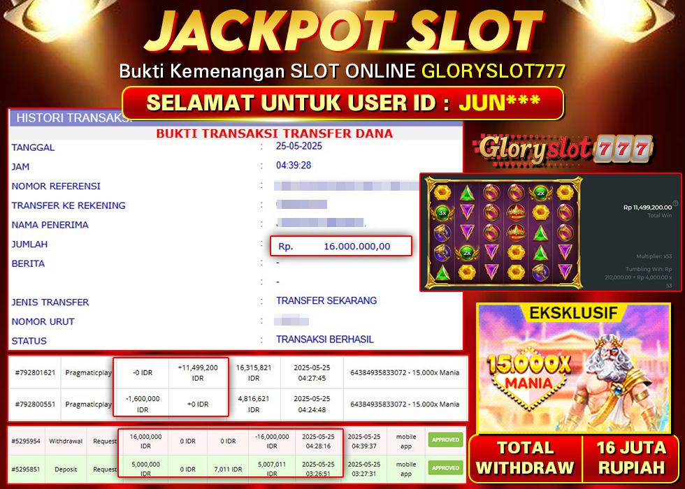 GLORYSLOT777 JACKPOT SLOT 15.000X MANIA Rp 16.000.000,-  LUNAS