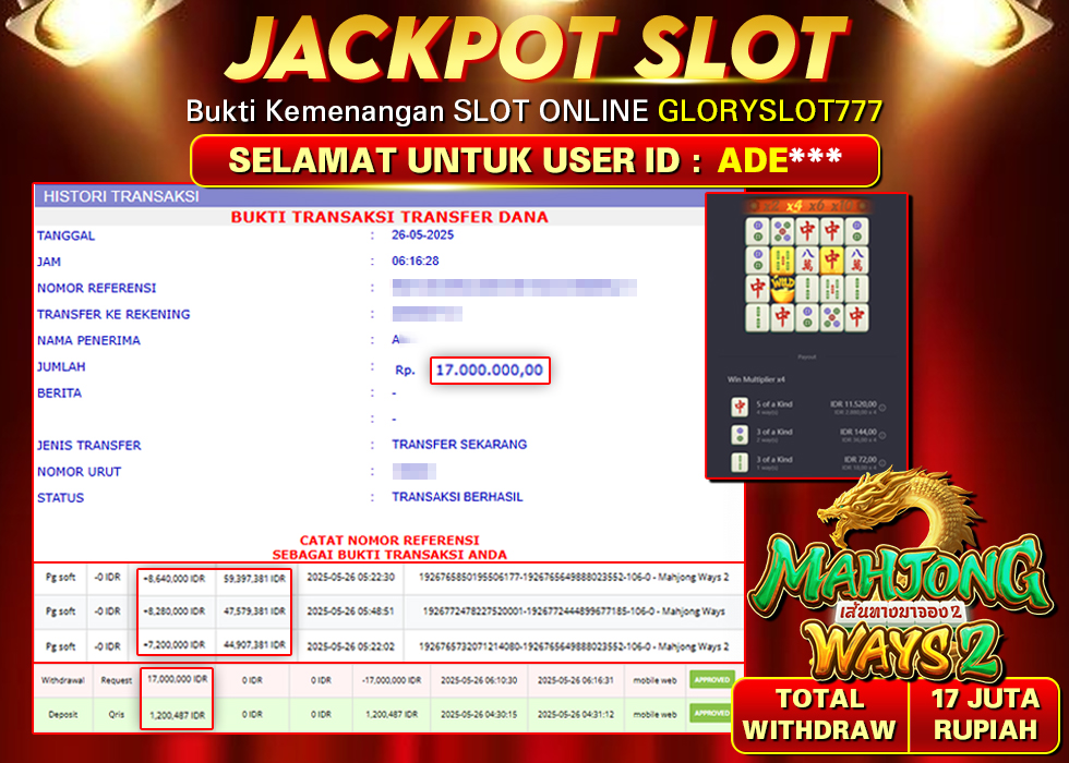 GLORYSLOT777 JACKPOT SLOT MAHJONG WAYS 2 Rp 17.000.000,-  LUNAS