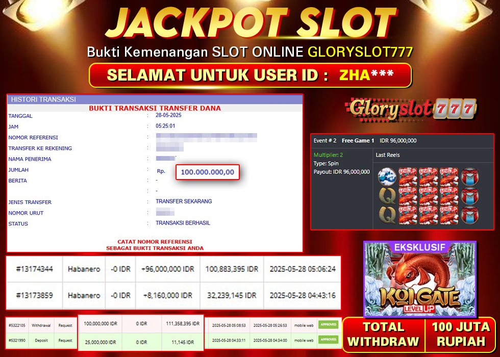 GLORYSLOT777 JACKPOT SLOT KOI GATE LEVEL UP Rp 100.000.000,-  LUNAS