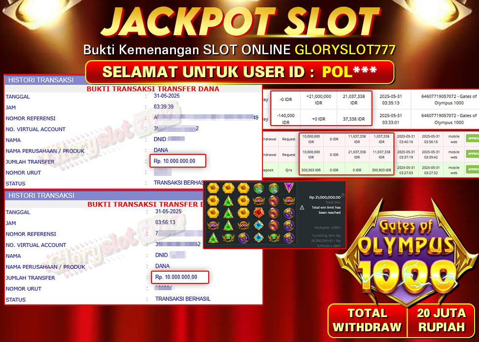GLORYSLOT777 JACKPOT SLOT GATES OF OLYMPUS 1000 Rp 20.000.000,-  LUNAS