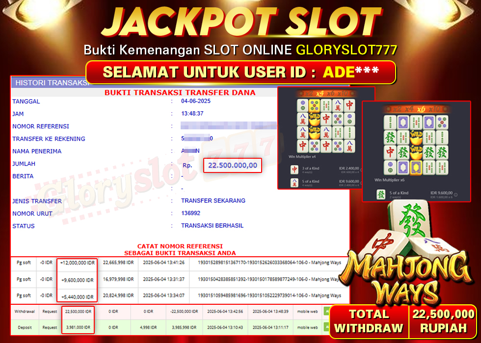 GLORYSLOT777 JACKPOT SLOT MAHJONG WAYS Rp 22.500.000,-  LUNAS