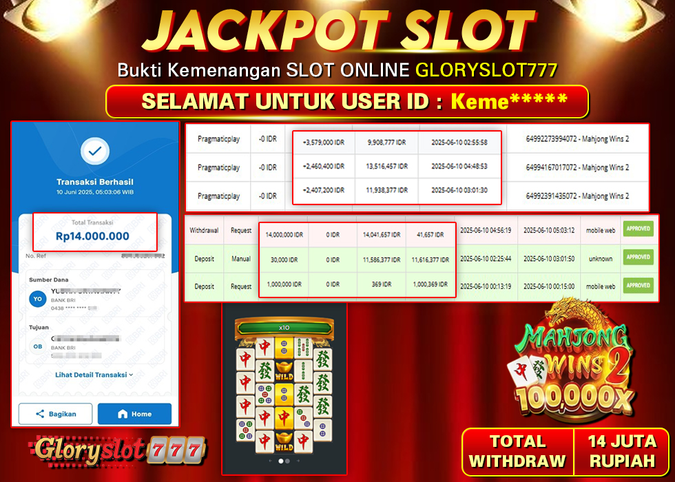GLORYSLOT777 JACKPOT SLOT MAHJONG WINS 2 Rp 14.000.000,-  LUNAS