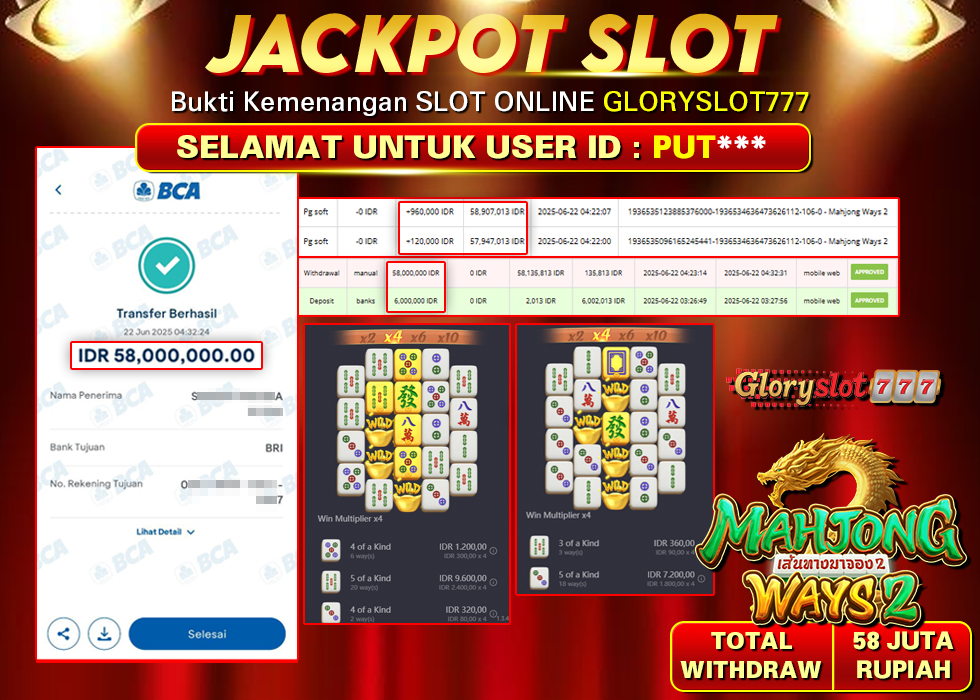 GLORYSLOT777 JACKPOT SLOT MAHJONG WAYS 2 Rp 58.000.000,- LUNAS
