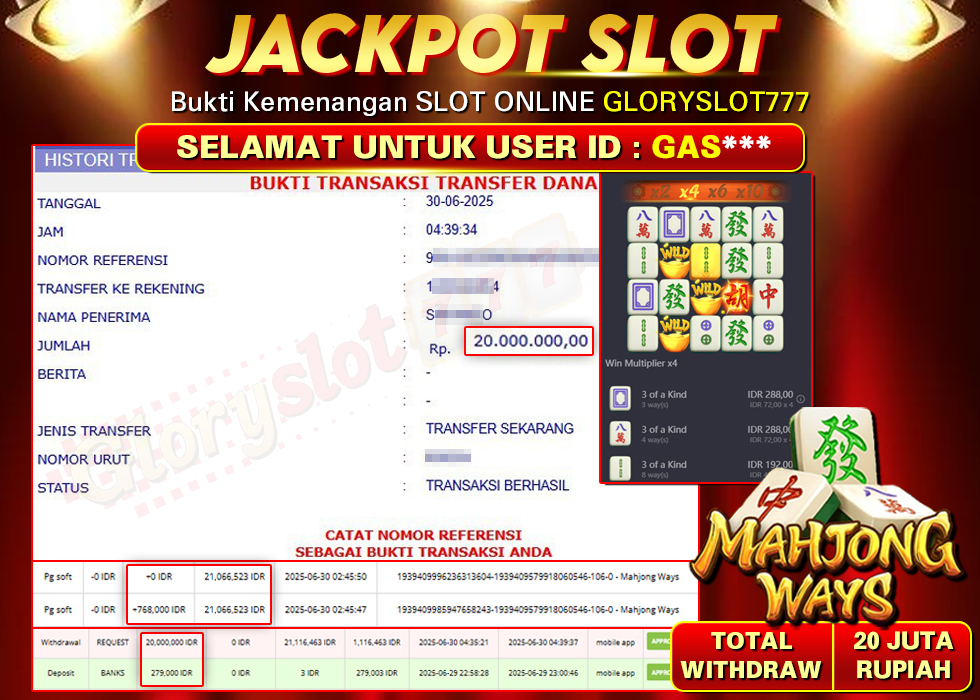 GLORYSLOT777 JACKPOT SLOT MAHJONG WAYS Rp 20.000.000,- LUNAS