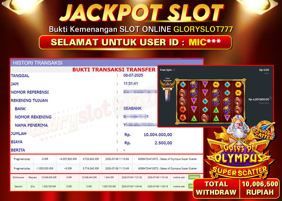 GLORYSLOT777 JACKPOT SLOT GATES OF OLYMPUS SUPER SCATTER Rp 10.006.500,- LUNAS