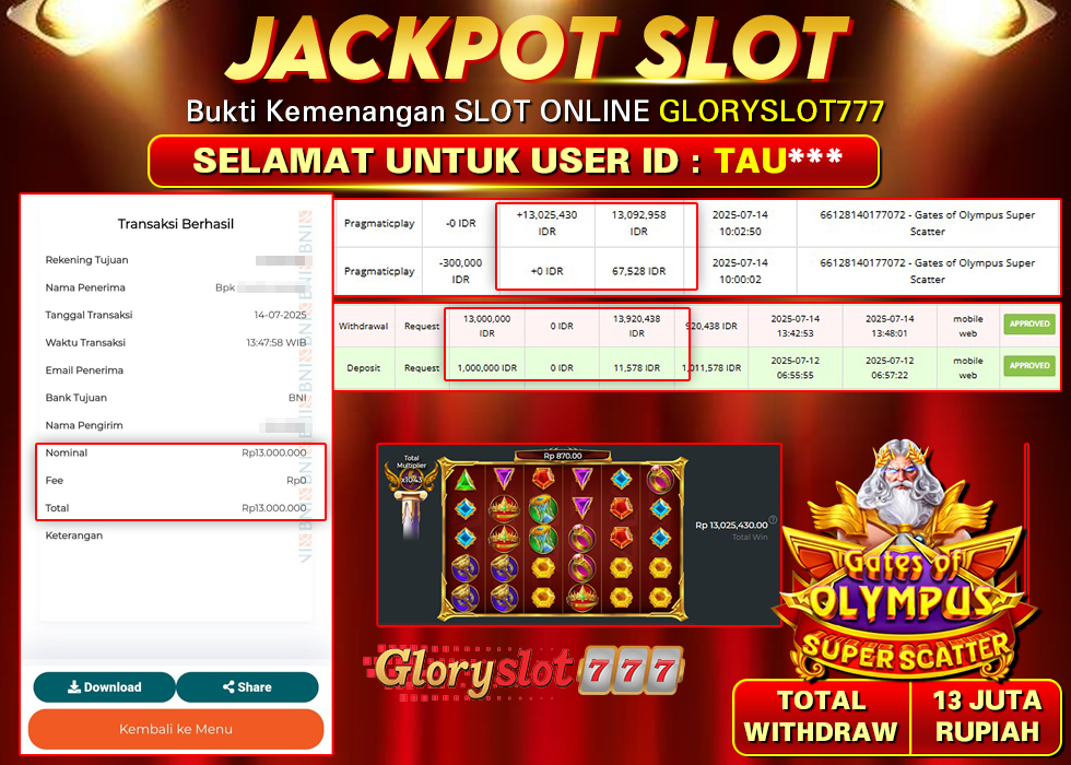 GLORYSLOT777 JACKPOT SLOT GATES OF OLYMPUS SUPER SCATTER Rp 13.000.000,- LUNAS