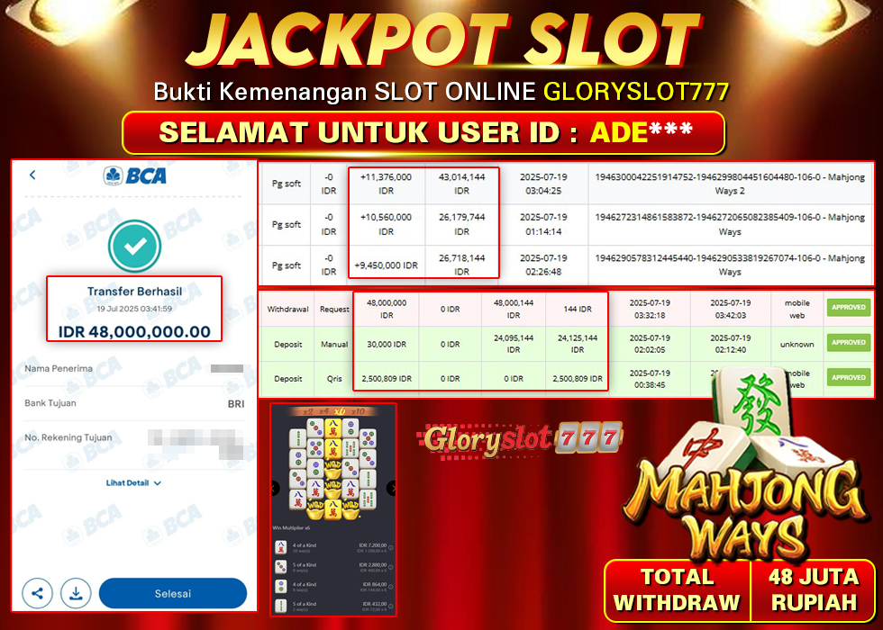 GLORYSLOT777 JACKPOT SLOT MAHJONG WAYS Rp 48.000.000,- LUNAS