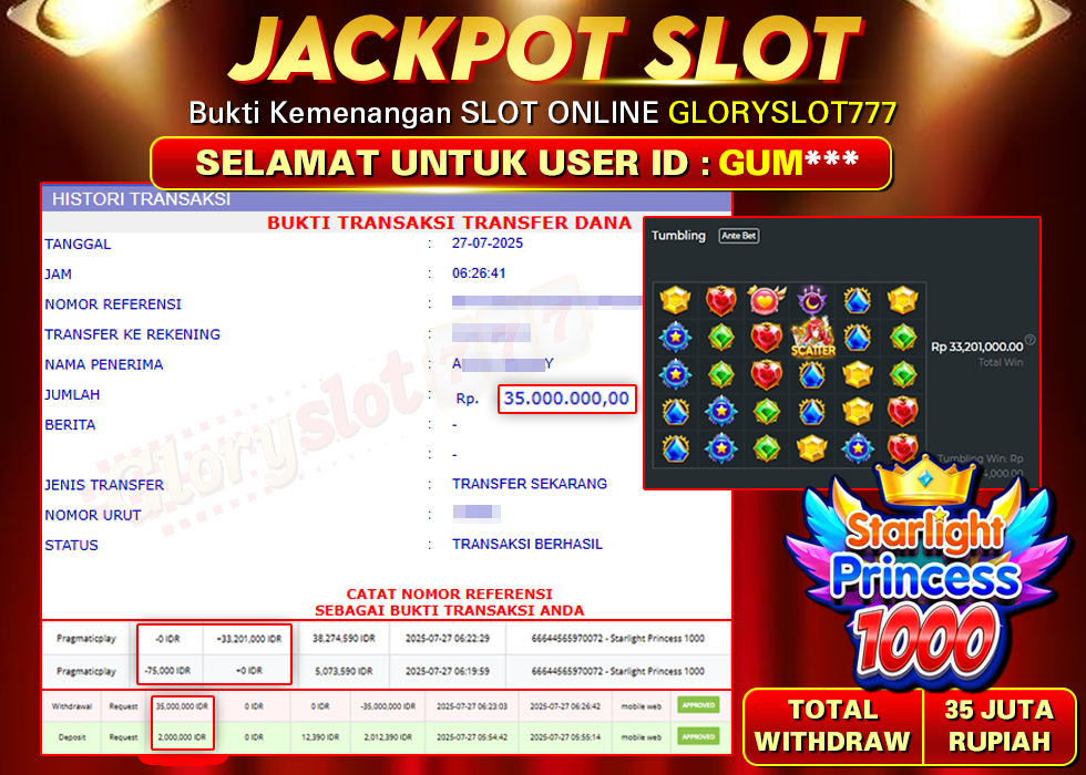 GLORYSLOT777 JACKPOT SLOT STARLIGHT PRINCESS 1000 Rp 35.000.000,- LUNAS