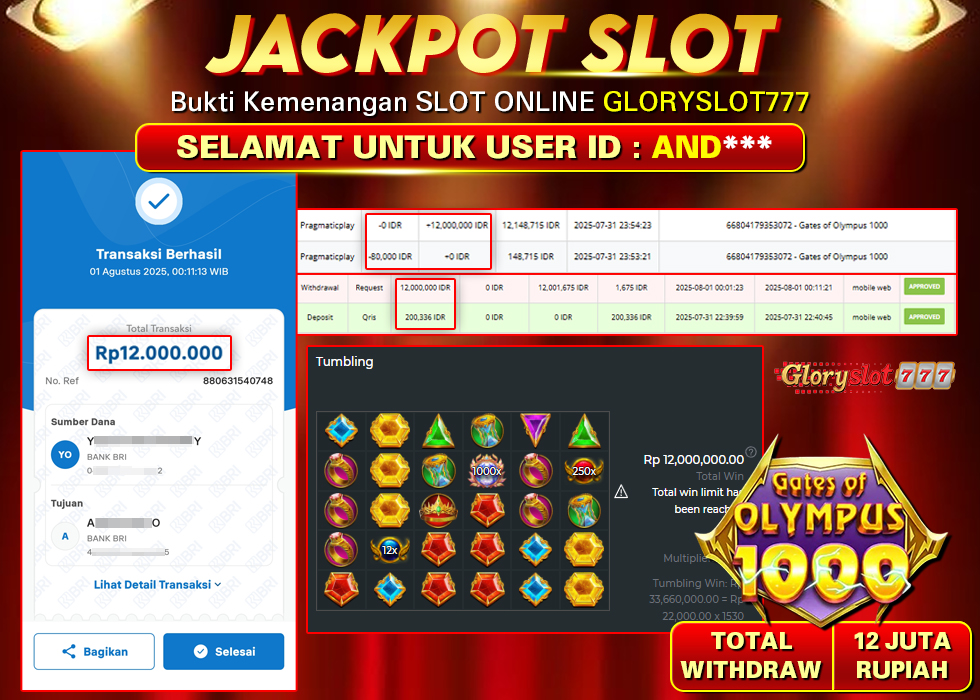 GLORYSLOT777 JACKPOT SLOT GATES OF OLYMPUS 1000 Rp 12.000.000,- LUNAS