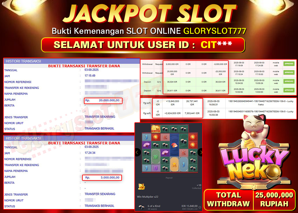 GLORYSLOT777 JACKPOT SLOT LUCKY NEKO Rp 25.000.000,- LUNAS
