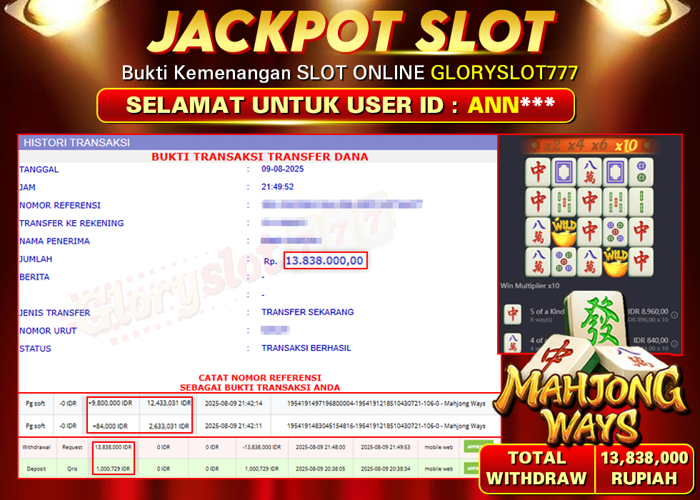 GLORYSLOT777 JACKPOT SLOT MAHJONG WAYS Rp 13.838.000,- LUNAS