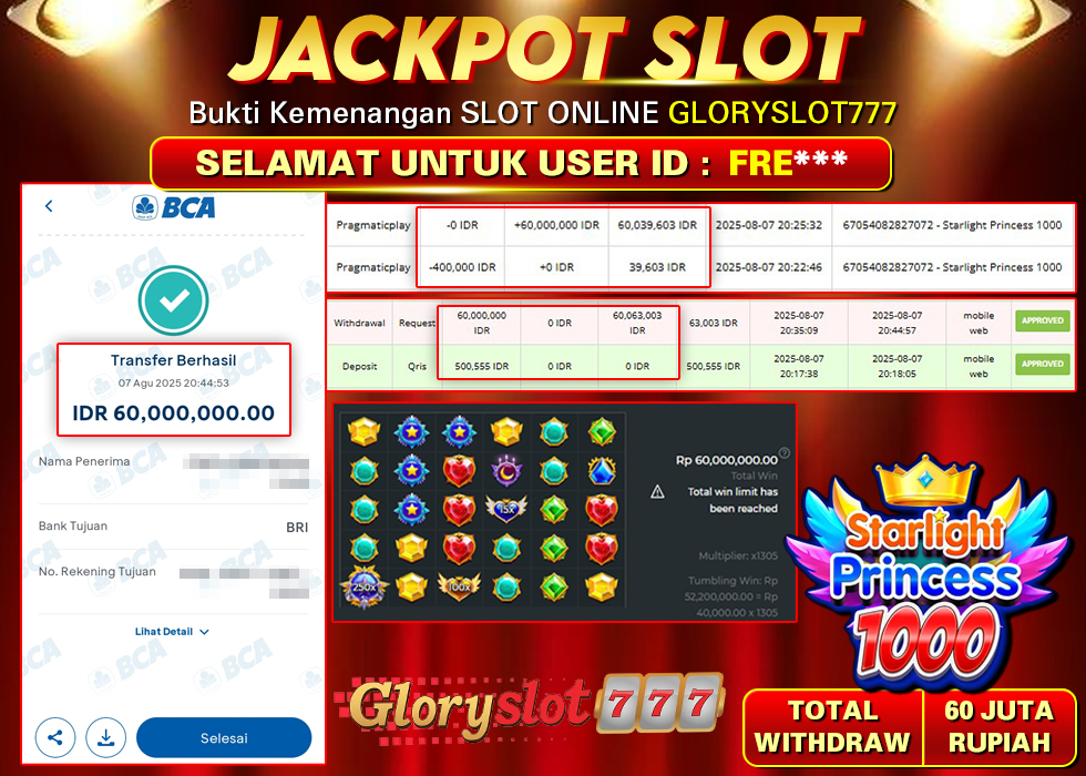 GLORYSLOT777 JACKPOT SLOT STARLIGHT PRINCESS 1000 Rp 60.000.000,- LUNAS