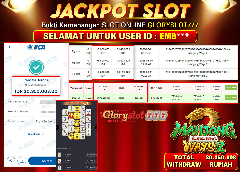 GLORYSLOT777 JACKPOT SLOT MAHJONG WAYS 2 Rp 30.350.008,- LUNAS