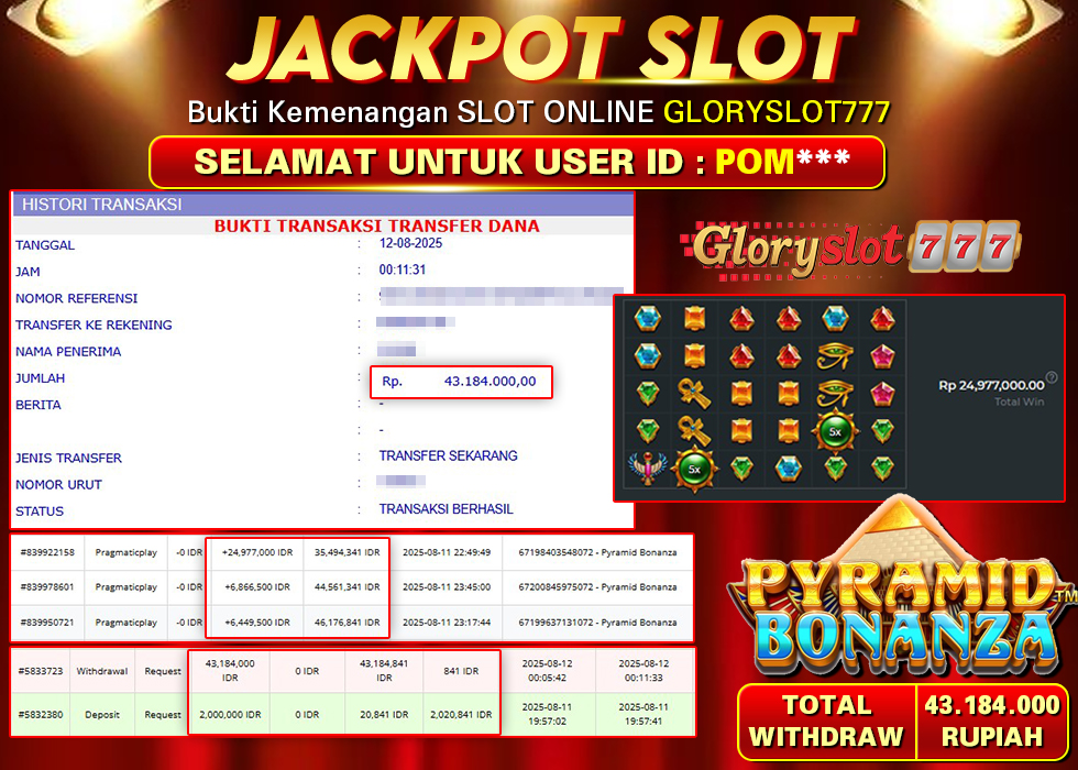 GLORYSLOT777 JACKPOT SLOT PYRAMID BONANZA Rp 43.184.000,- LUNAS