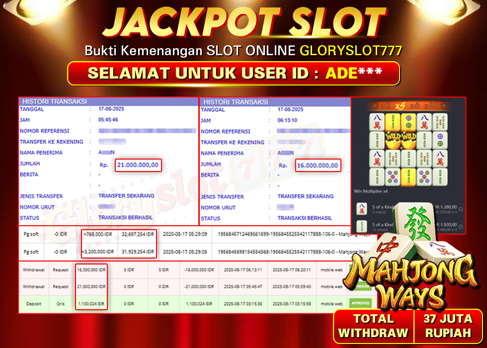 GLORYSLOT777 JACKPOT SLOT MAHJONG WAYS Rp 37.000.000,- LUNAS