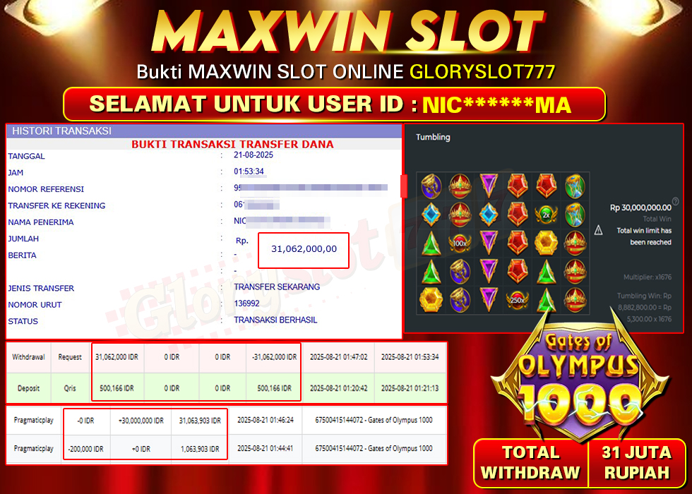 GLORYSLOT777 MAXWIN SLOT GATES OF OLYMPUS 1000 Rp 31.062.000,- LUNAS