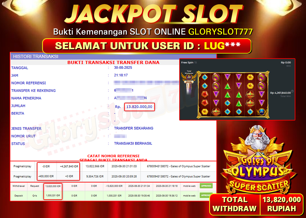 GLORYSLOT777 JACKPOT SLOT GATES OF OLYMPUS SUPER SCATTER Rp 13.820.000,- LUNAS