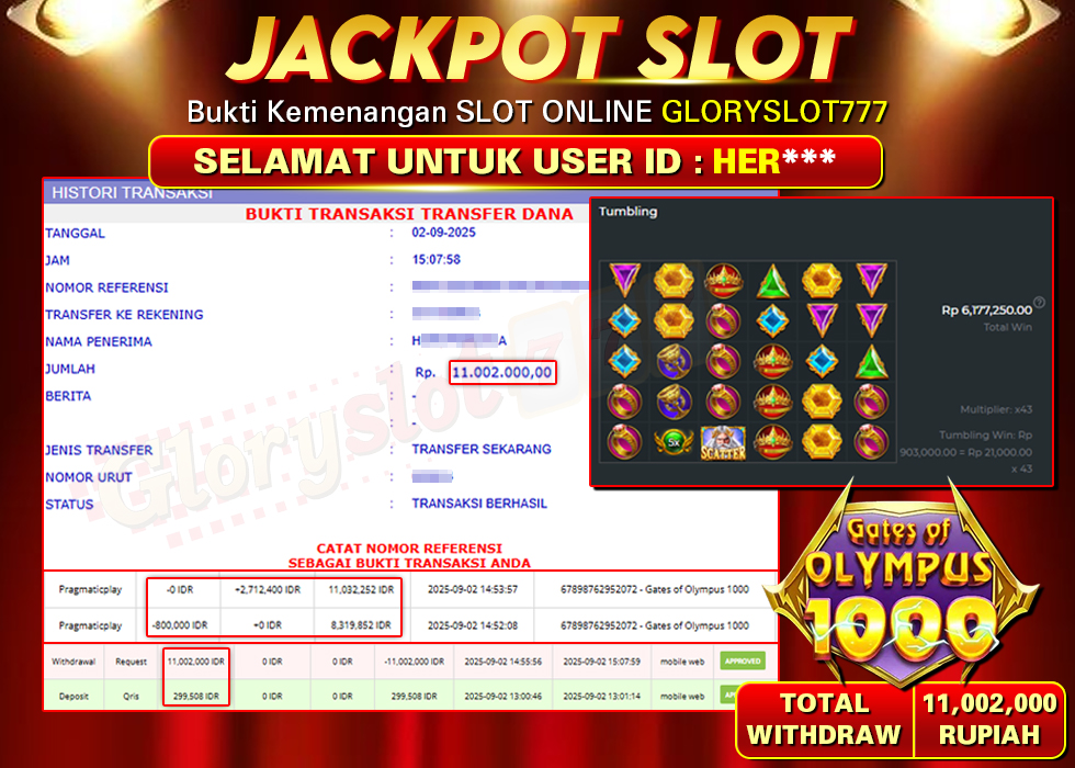 GLORYSLOT777 JACKPOT SLOT GATES OF OLYMPUS 1000 Rp 11.002.000.,- LUNAS
