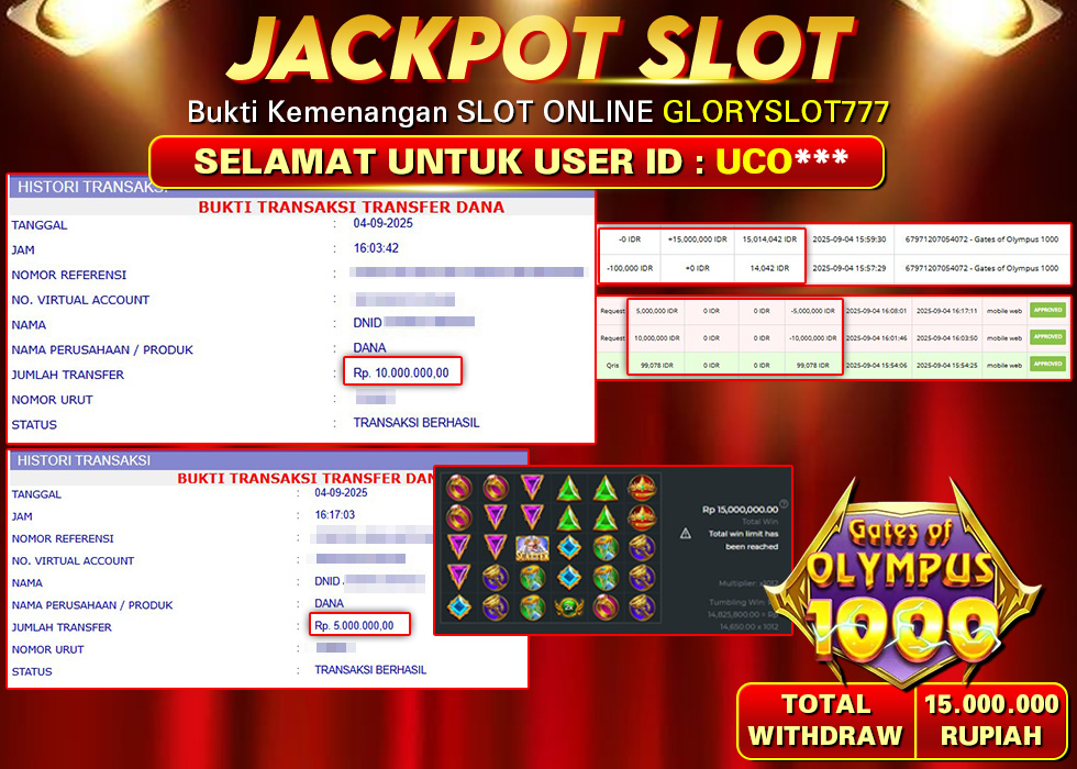 GLORYSLOT777 JACKPOT SLOT GATES OF OLYMPUS 1000 Rp 15.000.000.,- LUNAS