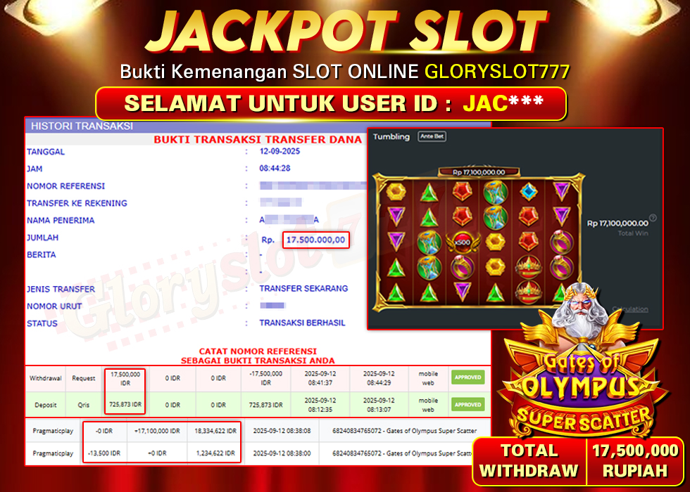 GLORYSLOT777 JACKPOT SLOT GATES OF OLYMPUS SUPER SCATTER Rp 17.500.000,- LUNAS Dengan bukti pembayaran ini kami