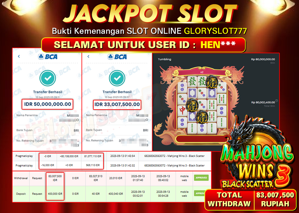 GLORYSLOT777 JACKPOT SLOT MAHJONG WINS 3 - BLACK SCATTER Rp 83.007.500,- LUNAS