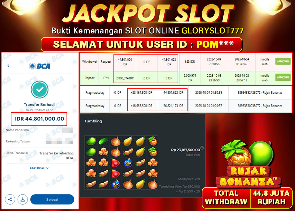 GLORYSLOT777 JACKPOT SLOT RUJAK BONANZA Rp 44.801.000.,- LUNAS