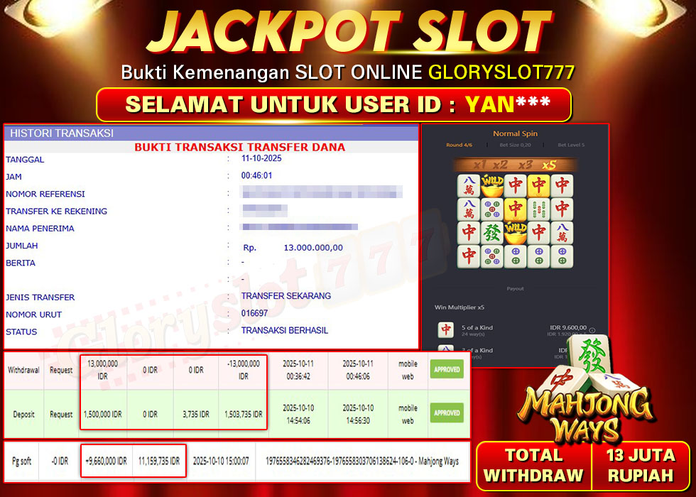 GLORYSLOT777 JACKPOT SLOT MAHJONG WAYS Rp 13.000.000.,- LUNAS